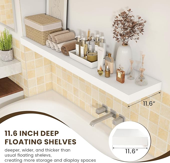 White Floating Shelves for Wall - 55 Inch Wide x 12 Inch Deep Wall Shelves Set of 1 - Rustic White Wood Shelves for Living Room, Bathroom, Laundry Room, Bedroom, Kitchen, Home Office