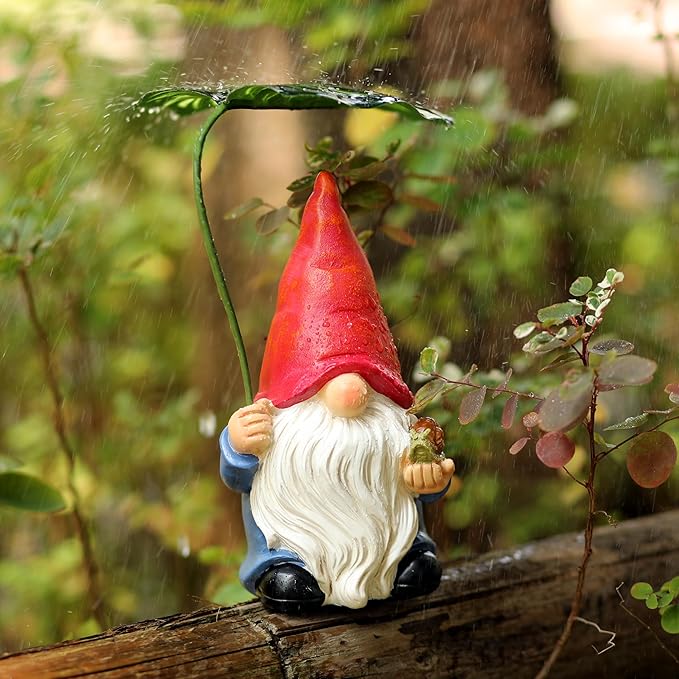Garden Gnome Statue Decoration with Leaf Umbrella, 6.5” Figurine Ornament for Indoor Outdoor Home Patio Yard Lawn, for Gnome Lovers & Garden Enthusiasts，Mom，Women