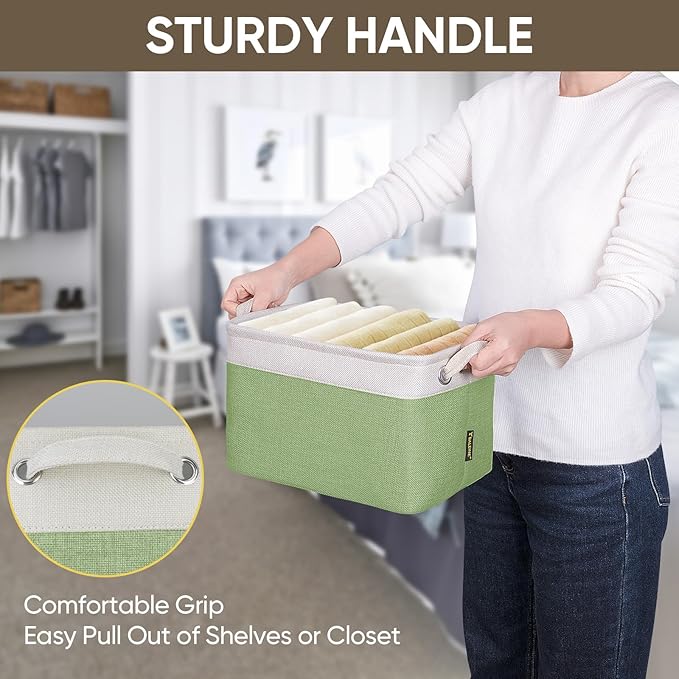 BALEINE 4 Pack Fabric Storage Bins for Shelves, Linen Storage Baskets for Organizing, Decorative Closet Bins for Clothes, Home (Green, 12"x8"x8")