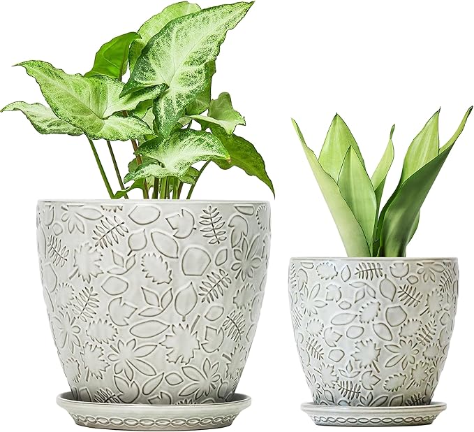 8 Inch + 6 Inch Retro Ceramic Planter Set of 2 with Drainage Hole and Saucer for Multiple Plants, Indoor-Outdoor Garden Pots for Succulent, Orchid, and Flower (Retro White)