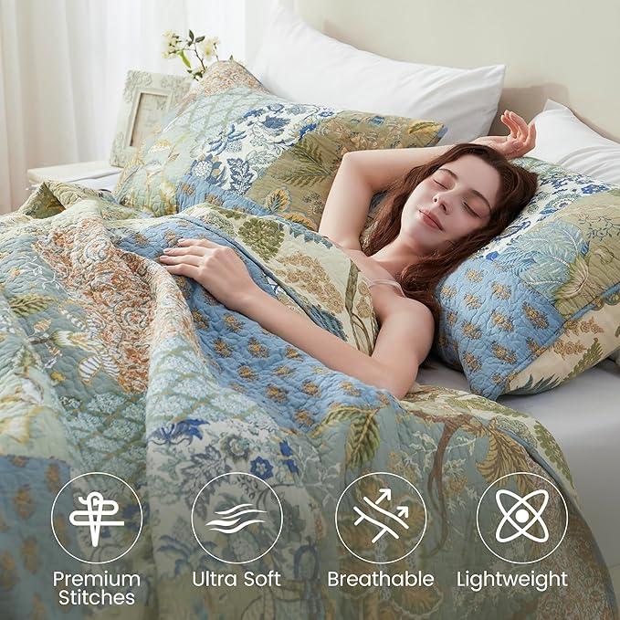 NEWLAKE Quilt Set Queen Size, 100% Cotton Patchwork Green Bohemian Quilt Sets, Reversible Bedspread Lightweight and Breathable for All Seasons, Soft Quilted Bedspread with 2 Pillow Shams