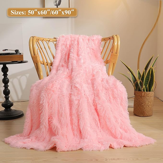 XeGe Fluffy Faux Fur Throw, Pink Luxurious 50x60 Shaggy Blanket, Warm Soft Fuzzy Couch Throw for Girls, Furry Lap Blanket for Sofa Bed Office Lightweight, Pink