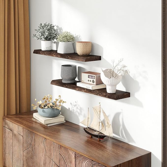 Solid Elm Wood Floating Shelves, 36 Inch Wood Floating Shelves for Wall, Live Edge Wooden Shelves Wall Mounted for Books, Bathroom, Kitchen, Walnut Color, Set of 2