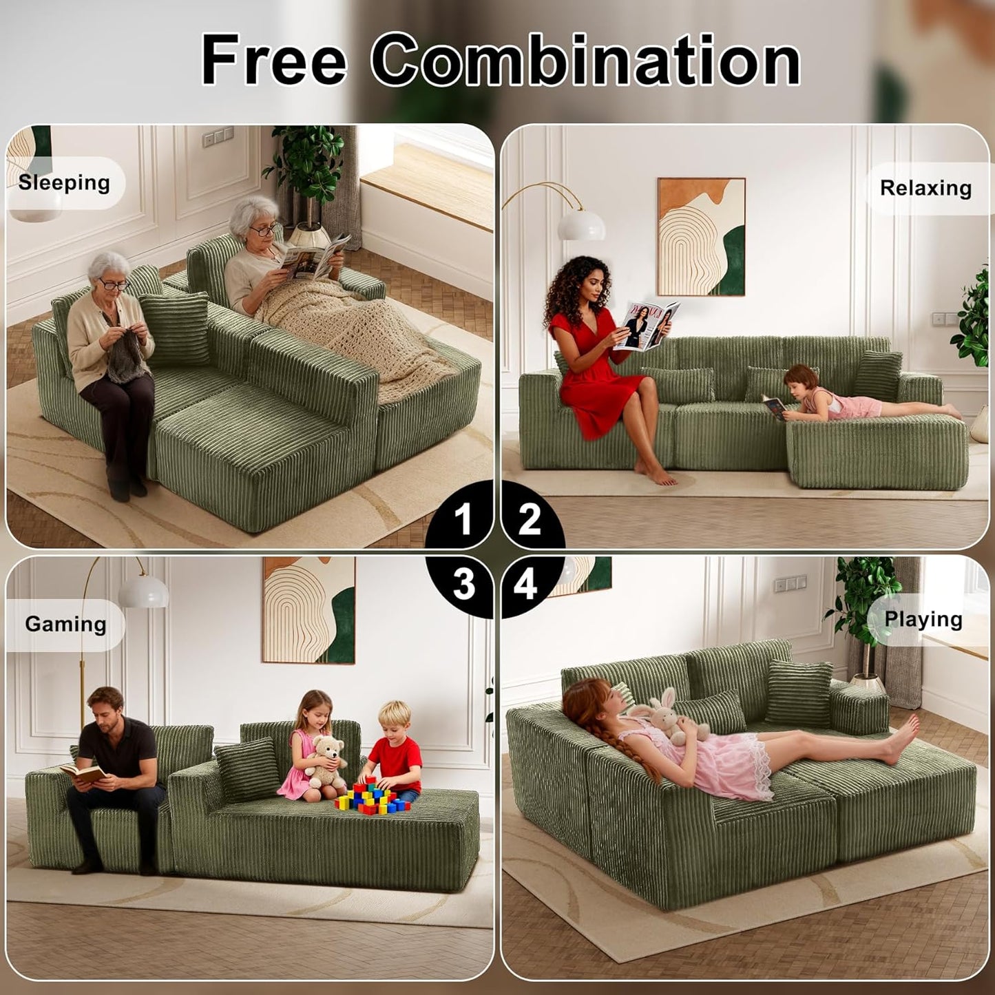 Modular Sectional Sofa Cloud Sectional Couch, 135" Comfy Fluffy L Shaped Olive Green Couches for Living Room, Deep Seat Memory Foam Plush Corduroy Boneless Couch Sectionals Right Facing Chaise Sofa