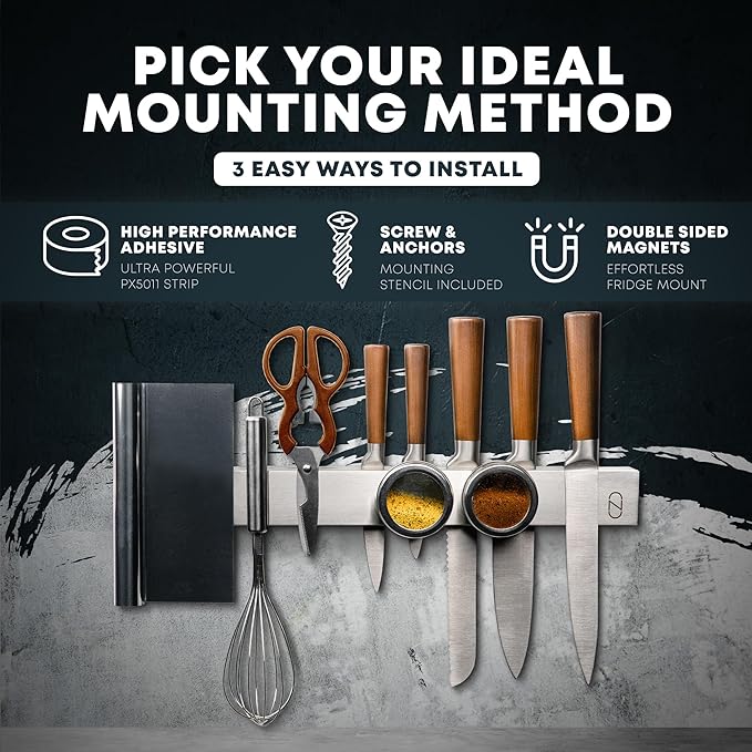 24" Magnetic Knife Holder for Wall with 2x Storage - Safe, Patented Storage Design - Stainless Steel Knife Magnetic Strip, Under Cabinet Knives Storage - Magnet Strip Rack Kitchen Utensil Organizer