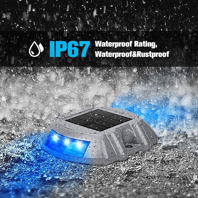 VOLISUN Solar Deck Lights, 8-Pack Led IP67 Waterproof Outdoor Warning Step Lights for Driveway, Sidewalk, Garden Pathway, Yard (Blue)