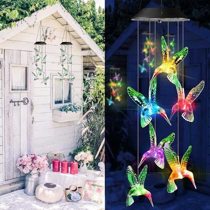 Toodour Solar Wind Chime, Color Changing Wind Chimes Hummingbird, LED Decorative Mobile, Gifts for Mom Grandma, Waterproof Outdoor Decorative Lights for Garden, Patio, Yard, Window Outdoor Decor