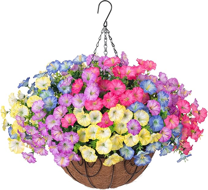 Artificial Faux Hanging Plants Flowers Basket for Outdoors Spring Summer Decoration, Silk Morning Glory Eucalyptus Look Real UV Resistant Fake Flowers for Porch Outside Patio Balcony Yard Home Garden