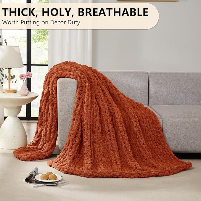 L'AGRATY Chunky Knit Blanket Throw: 50''x60'' Chenille Chunky Knitted Throw Blanket for Bed Couch - Handmade Thick Big Cable Knit Blanket - Large Crochet Rope Blanket for Home Decor(Rusty Orange)