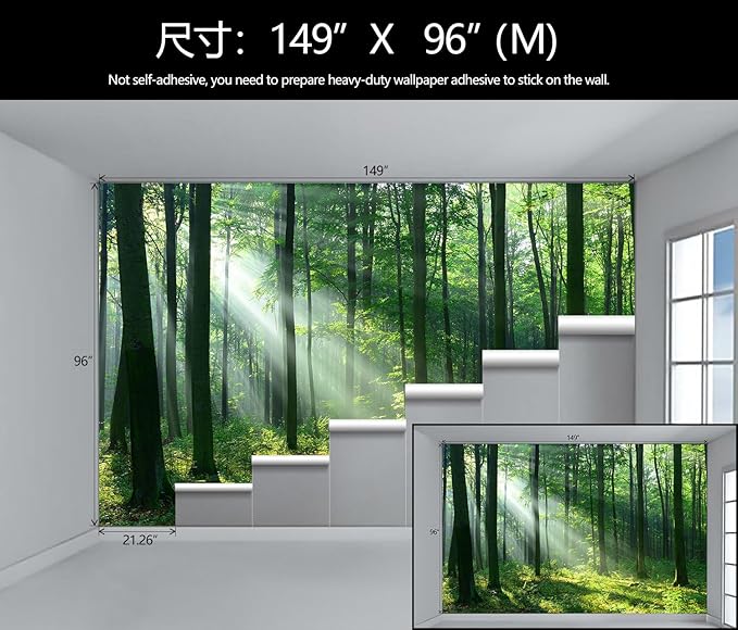 WFBHUA-Green Woodland Wallpaper Mural Foggy Forest Tree Wallpaper Nature Landscape Wall Murals for Bathroom Living Room (Not Peel and Stick)