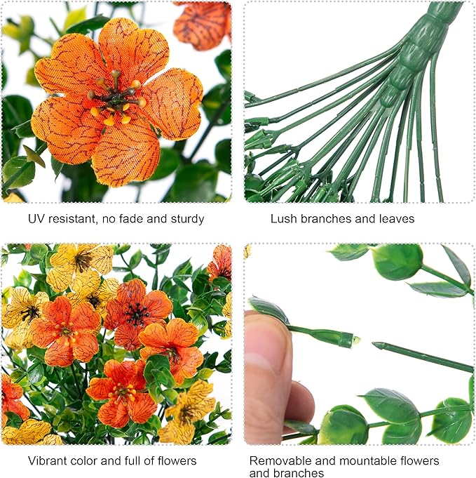 INSPRING Artificial Flowers for Outdoors Fake Mums Hanging Plants Decor, 2Pcs Silk Daisy with Eucalyptus UV Resistant Look Real Trailing Vines for Planter Front Door Patio Yard, OrangeYellow