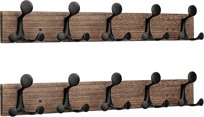 SKOLOO 24-Inch Wood Burnt Coat Rack Wall Mount with 5 Triple Hooks - Ideal for Family Entrances, Classrooms, and Pet Supplies Storage - Perfect Coat Hooks for Wall, Pack of 2