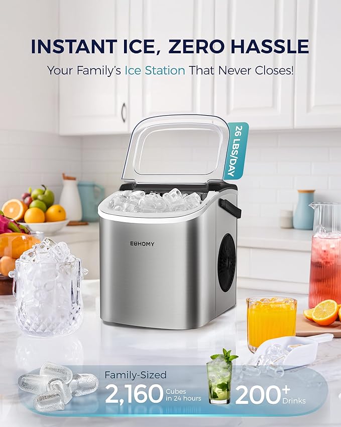 EUHOMY Countertop Ice Maker Machine with Handle, 26lbs Per Day, 9 Ice Cubes Ready in 6 Mins, Auto-Cleaning Portable Ice Maker with Basket and Scoop, for Home/Kitchen/Camping/RV (Silver)