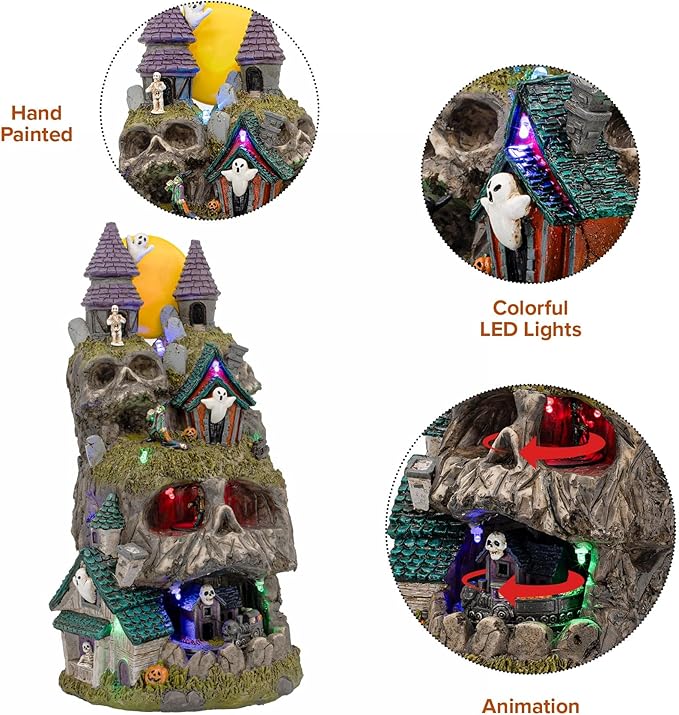 Skullstone Hollow Skull Theme Spooky Halloween Village Multi-Color LED Lights, Animated Motion and Music 7.75" x 7.5" x 13.5"