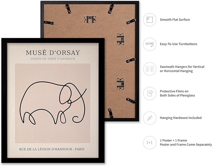 Poster Master Vintage Poster - Retro One Line Elephant Drawing Print - Elephant Art - Minimal Gift for Men, Women, Animal Lover - Abstract Wall Decor for Home, Office, 11x14 Black Framed