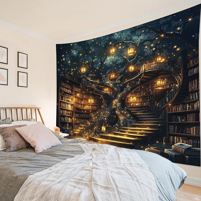 HVEST Fantasy Library Tapestry Fairytale Tree Vintage Bookshelf Tapestry for Bedroom Retro Bookshelf Book Wall Decor for Classroom Study Room College Room Dorm, 40L x 60W Inches