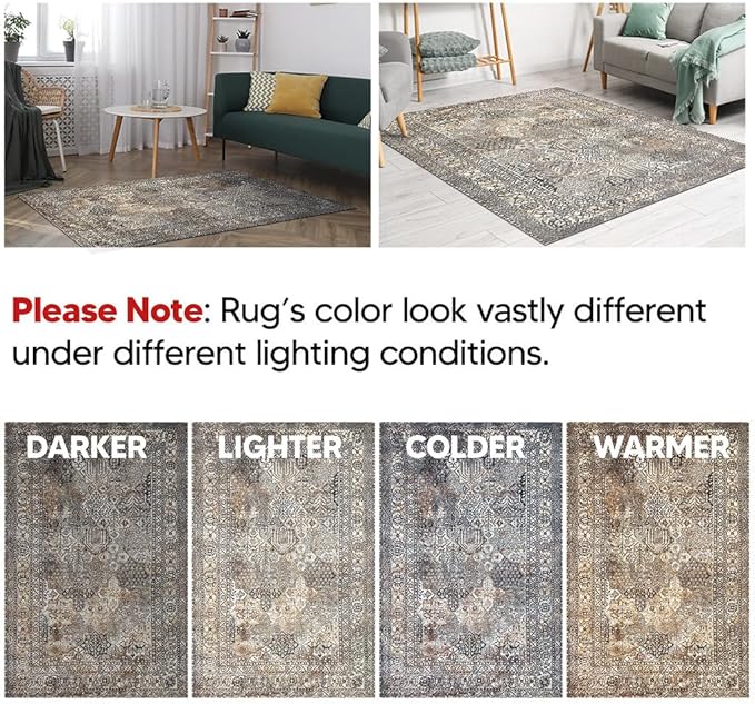 Keen Home Design 6x9 Rug - Machine Washable Area Rug with Non-Slip Backing, Ideal for Living Room, Dining Room, Bedroom - Vintage, Easy Clean, Durable, Low Pile Rug - (6' x 9')