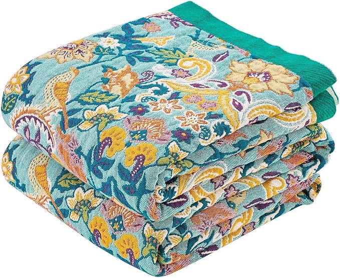 Boho Blanket Throw Quilt, 100% Cotton Soft Light Weight Throw Blankets for Summer, 50"x60" Farmhouse Flower Decorative Blankets, All Season Rustic Reversible Bohemian Throw Quilt