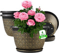 10 Inch Plant Pots, 4 Pack Flower Pots Outdoor with Drainage Holes & Trays, Retro Antique Imitation Decorative Garden Plastic Pots for Plants Indoor Sets for Houseplants