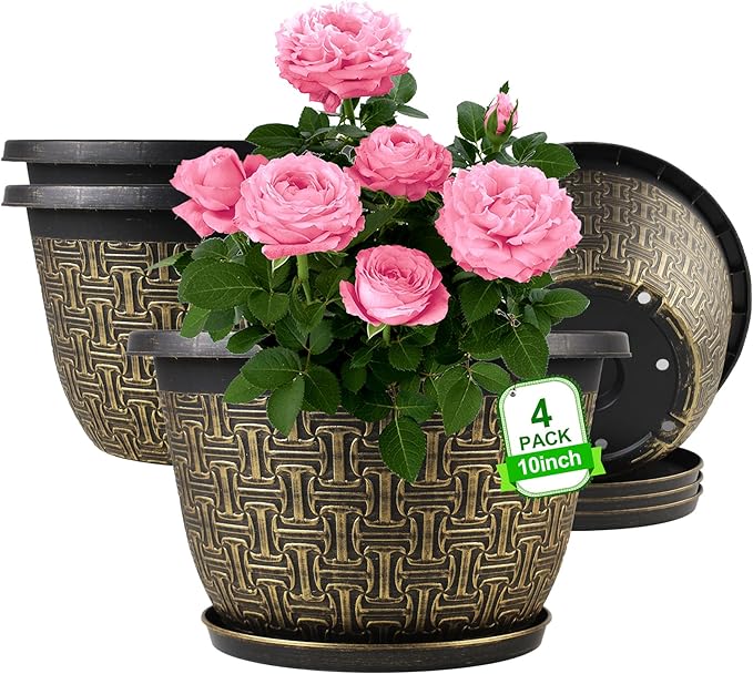 10 Inch Plant Pots, 4 Pack Flower Pots Outdoor with Drainage Holes & Trays, Retro Antique Imitation Decorative Garden Plastic Pots for Plants Indoor Sets for Houseplants