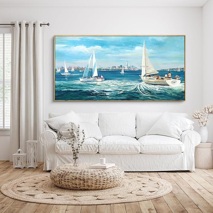 XLSJERST Large Blue Canvas Wall Art Seascape Painting - Landscape Picture Textured Navy Modern Sailboat Ocean Artwork Framed for Living Room Bedroom Bathroom Home Office Wall Decor Large Size 24"x48"