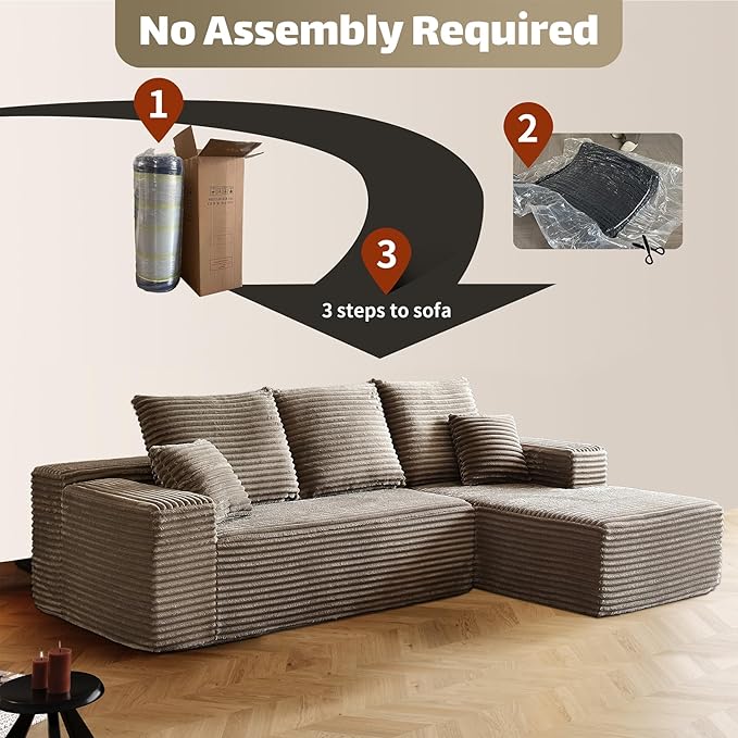 HYJT H&K Modular Sectional Sofa Cloud Couch, 107" Comfy L Shaped Sectional Couches for Living Room, Deep Seat Memory Foam Plush Fluffy Corduroy Boneless Couch Sectionals Right Facing Sofa Chaise Brown