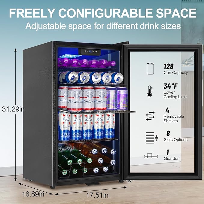 128 Cans Beverage Refrigerator Cooler, 3.2 Cu.Ft Mini Drink Fridge Glass Door for Drink Beer Soda Wine, Beer Fridge with 4 Removable Shelves for Kitchen Bedroom, Office Bar Gaming Room,Stainless Steel