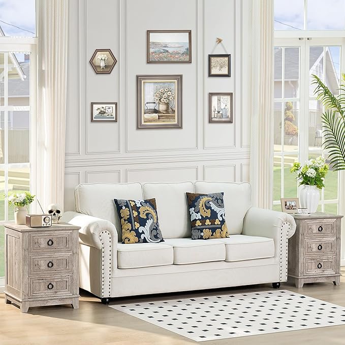 18" Farmhouse Night Stand with 3 Drawers, Wood End Table Dresser for Bedroom, Retro Oak Nightstand, Bed Side Table with Metal Handle, Bedside Cabinet for Bedroom Living Room, Closet