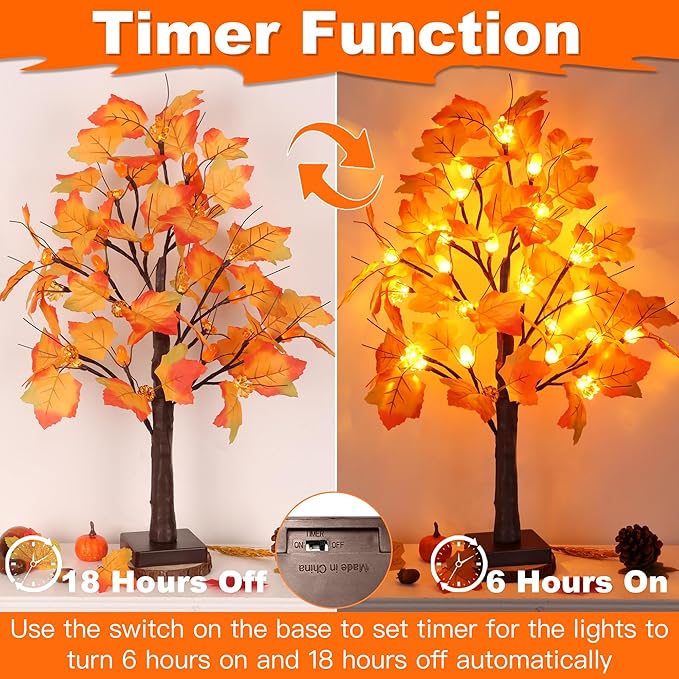 2 Pack 24 Inch Prelit Fall Maple Tree Fall Decor with 48 LED Timer Battery Operated Artificial Fall Light Up Tree Pumpkin Maple Acorn for Fall Thanksgiving Decorations Table Home Indoor Autumn Harvest