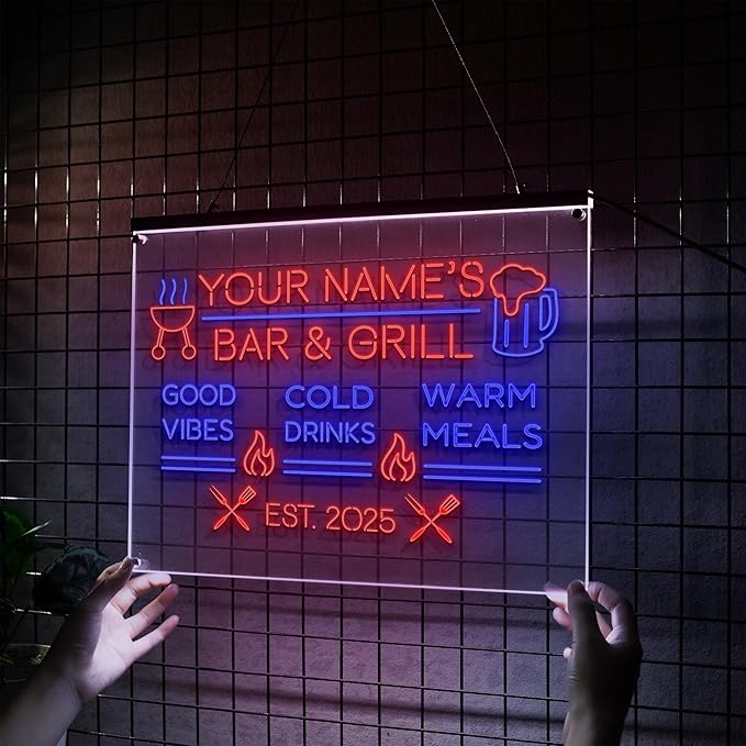 Personalized BBQ Neon Sign Custom Bar and Grill Sign Patio LED Lights Backyard Bar Signs for Men Outdoor Lighted Patio Acrylic Table Grilling Kitchen Home Garden Wall Decor