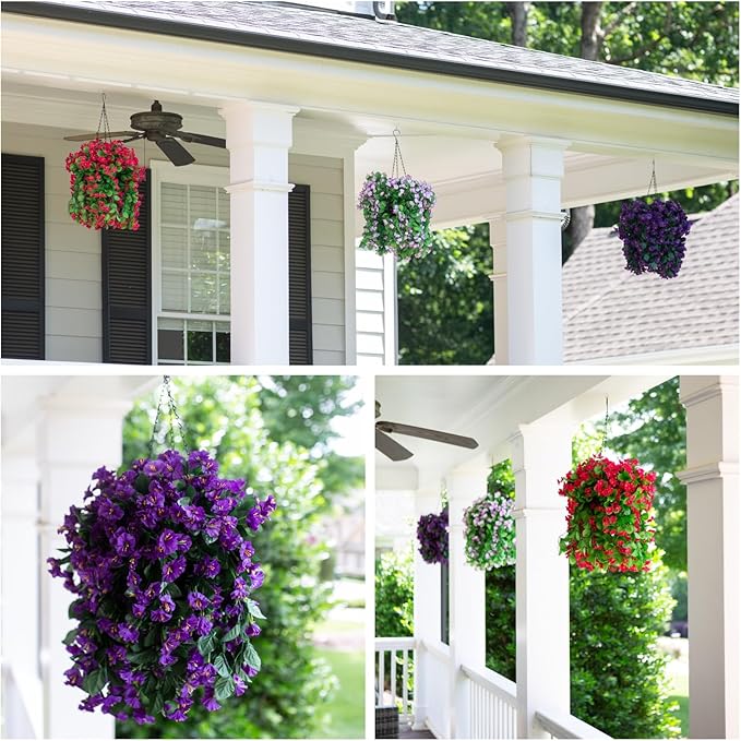 Artificial Faux Hanging White Flowers Plants Basket for Outdoor Outside, Fake UV Resistant Realistic White Morning Glory Flowers for Porch Home Balcony Yard Patio Decoration