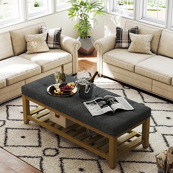 Large Rectangular Upholstered Ottoman Bench, Linen Tufted Footrest Ottoman with Solid Wood Shelf Storage Coffee Table for Bedroom Living Room, Dark Gary