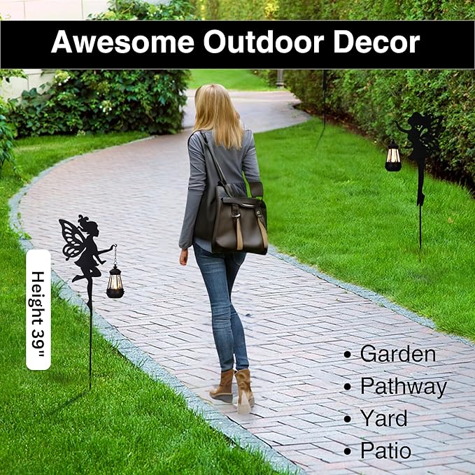 Fairy Garden Accessories Halloween Decorations Lawn Ornaments 1 Pair - Solar Lights Outdoor Garden Statue, Metal Stakes Decorative Figurines for Yard Decor, Patio (Type A Warm Lighting)