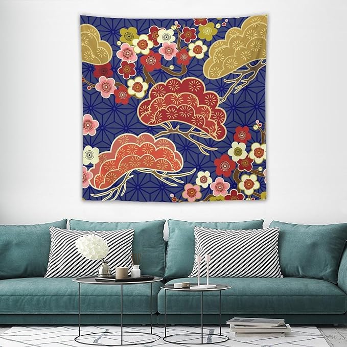 HZOHNAGO Japanese Tapestry Art Abstract Colorful Cherry Blossom Blue Background Pattern Printed Wall Tapestry Painting Wall Hanging for Bedroom Living Room Dorm 60" W x 60" H