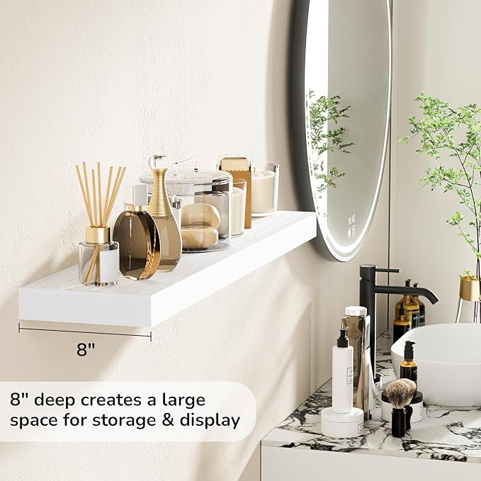 Fun Memories 36 Inch Floating Shelves - Deep Rustic White Wooden Wall Shelves - Extra Deeper & Thicker Wall Mounted Storage Shelf for Bedroom, Kitchen, Farmhouse - 2 Pack, Rustic White