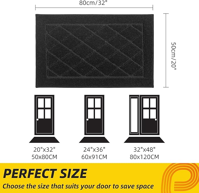 JSEI Dirt Trapper Door Mat 20"x32", Non-Slip Washable Entryway Mats, Dog Door Mat, Stain Resistant and Absorbent Floor Mats, Low Profile Welcome Mat for Front Back Door, Black