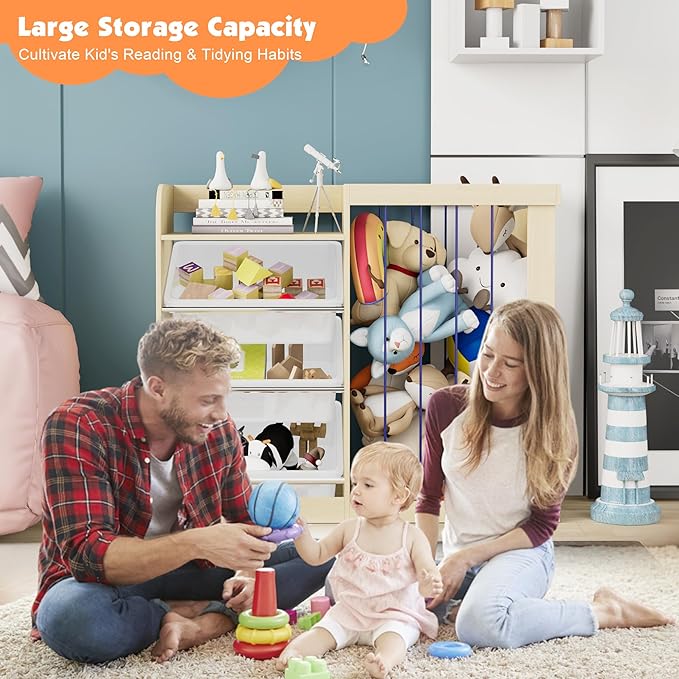 Kids Toy Storage Organizer with 3 Removable Plastic Bins Toddler Montessori Bookshelf with Stuffed Animal Net Holder Baby Bookcase Plush Organizer for Playroom, Bedroom,,Kids Room,Classroom,Nursery