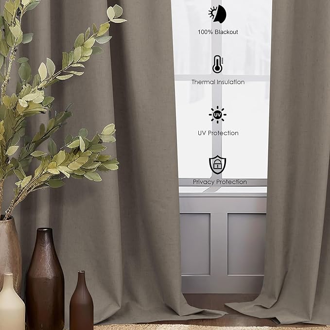 Light Brown Linen Blackout Curtains 96 Inches Long Back Tab Pocket Neutral Earthy Thermal Black Out Curtains for Living Room Sliding Glass Door Burg Floor to Ceiling Window Drapes 2 Panels 8ft Length