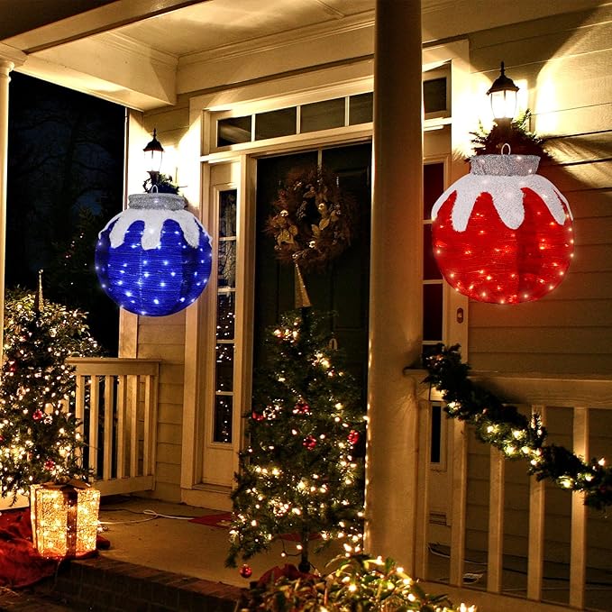 BRIGHTDECK 2 Pcs Outdoor Christmas Ornaments, Lighted Pop-Up Outdoor Holiday Ball Decoration with 80 LED Lights, 8 Light Modes, Lighted Collapsible Holiday Decorations for Yard, Home (RedBlue)