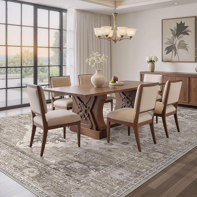 Washable Area Rugs for Living Room -8x11 Neutral Vintage Distressed Floral Farmhouse Boho Large Soft Floor Rug Indoor Non Slip Carpet for Living Room Bedroom Dining Room Office-Brown/Beige