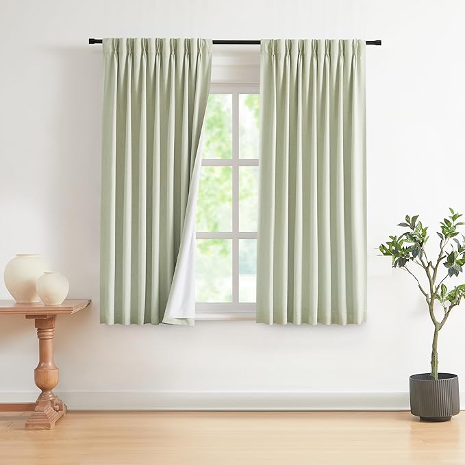 Vision Home Soft Green Pinch Pleated Full Blackout Curtains Linen Blended Room Darkening Curtain Panels 72 inch for Living Room Bedroom Thermal Insulated Pinch Pleat Drapes with Hooks 40" Wx72 Lx2