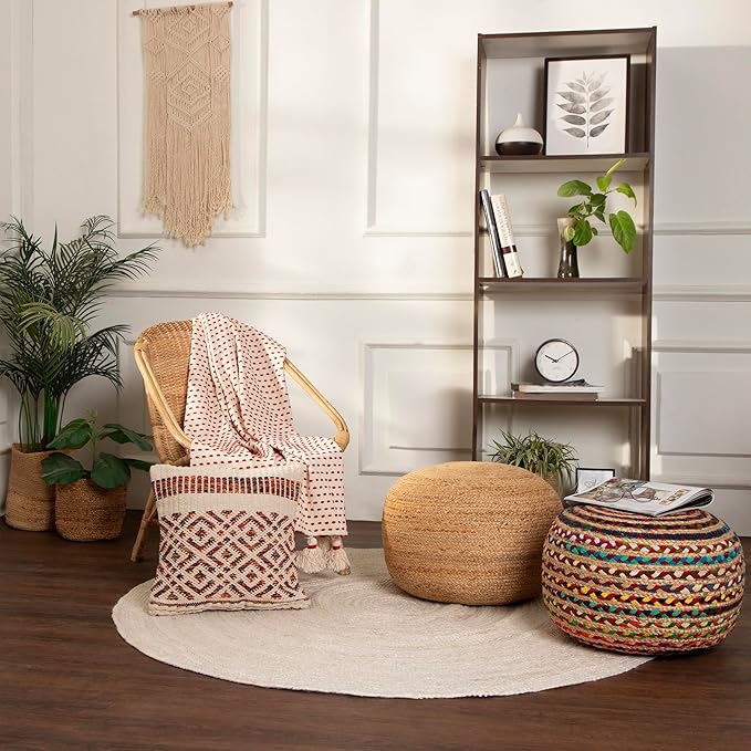REDEARTH Round Pouf Ottoman - Braided Boho Poof Home Décor Pouffe Accent Sitting Circular Foot Rest for Living Room, Bedroom, Nursery, Kidsroom, Lounge; Jute and Cotton (19.5"x19.5"x14"; Multi)