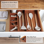 Adjustable Kitchen Drawer Organizer for Utensils and Junk, Food-Safe Contract Grade with 100% Sustainable Wood, Non-Slip, Expandable from 10.5 to 18.5 Inches Wide - Natural Acacia