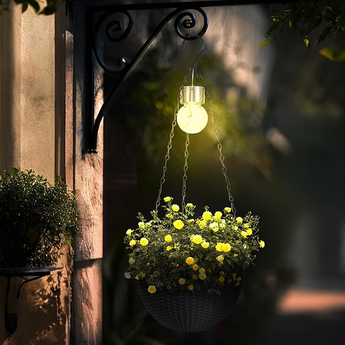 Hanging Baskets for Plants Outdoor - 2 Pack Black Plastic Solar Flower Pots with Drainage Holes & Removable Saucer, Self-Watering Hanging Planters for Garden, Porch, Balcony, Patio