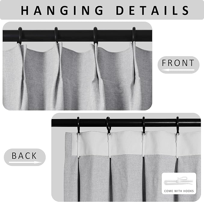 Macochico 100”Wx102”L 100% Blackout Pinch Pleated Linen Curtains for Sliding Door Bedroom Living Room Farmhouse Thermal Insulated Silver Grey Burlap Drapes with Tieback 1 Panel Shabby Chic Style