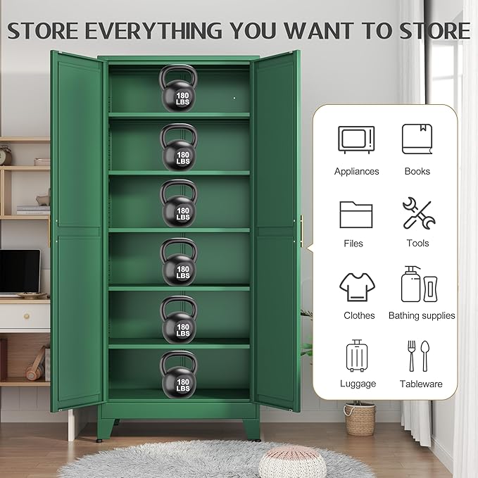 75.2" Tall Kitchen Food Pantry, Pantry Cabinet with 2 Door and 5 Adjustable Shelves, Green Laundry Room Cabinets, Freestanding Pantry for Kitchen, Study Room, Dining Room and Entryway