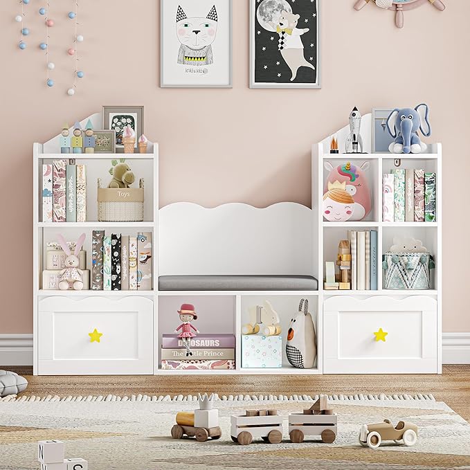 Kids Bookshelf with Reading Nook, Kids Bookcase with Soft Cushion Seat, 2 Wheels Drawers and 8 Storage Cubbies, Toy Storage Organizer for Kid's Room Playroom, Bedroom, School, White