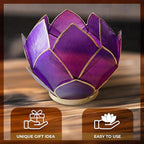 Blooming Lotus Capiz Shell Tealight Candle Holder, Handcrafted Decorative Tea Light Candleholder with Translucent Flower Petals for Ambient Illumination and Natural Elegance, Purple