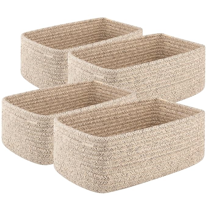 4 Pack Small Storage Shelf Baskets for Organizing, Mini Woven Rope Storage Bins for Towels, Cute Decorative Closet Organizer，Baby Nursery, Gift Empty Baskets -11.81''Lx7.87''Wx4.72''H'-Brown