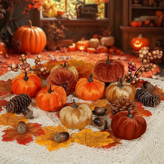 Artmag 51 PCS Artificial Fabric Pumpkins, Fall Harvest Decorations with Acorns, Pinecones, Berries, Maple Leaves for Fall Thansgiving Halloween Decoration